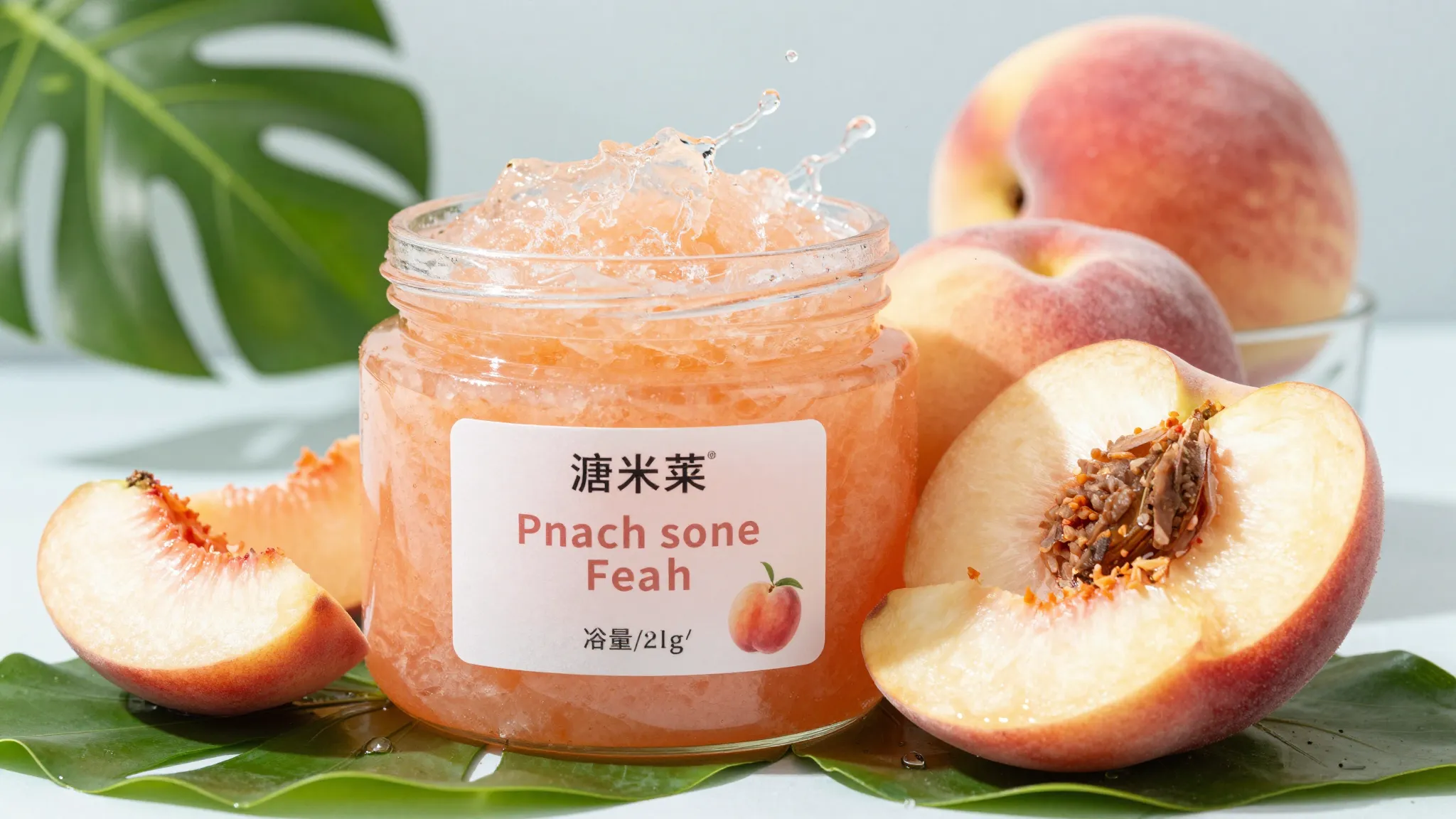Large jar of peach body scrub, surrounded by sliced peaches ...