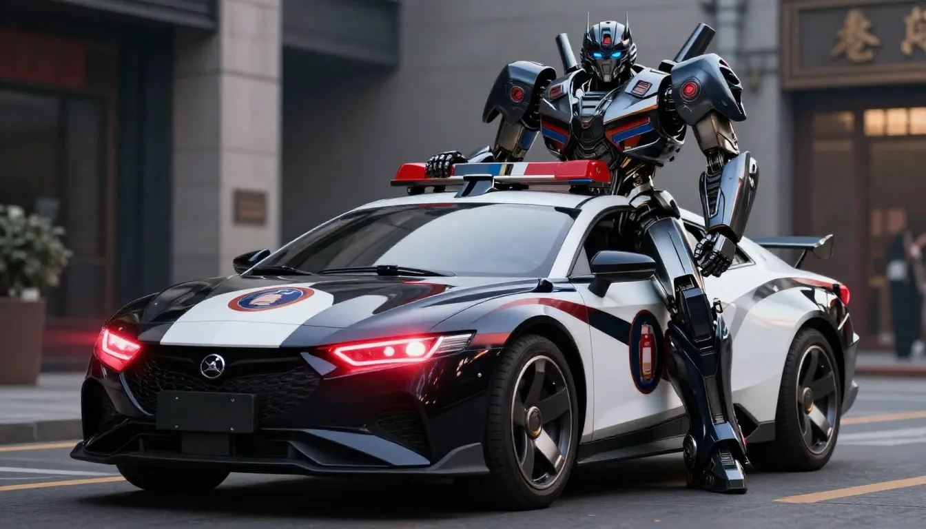 A futuristic black and white police car with glowing red hea...