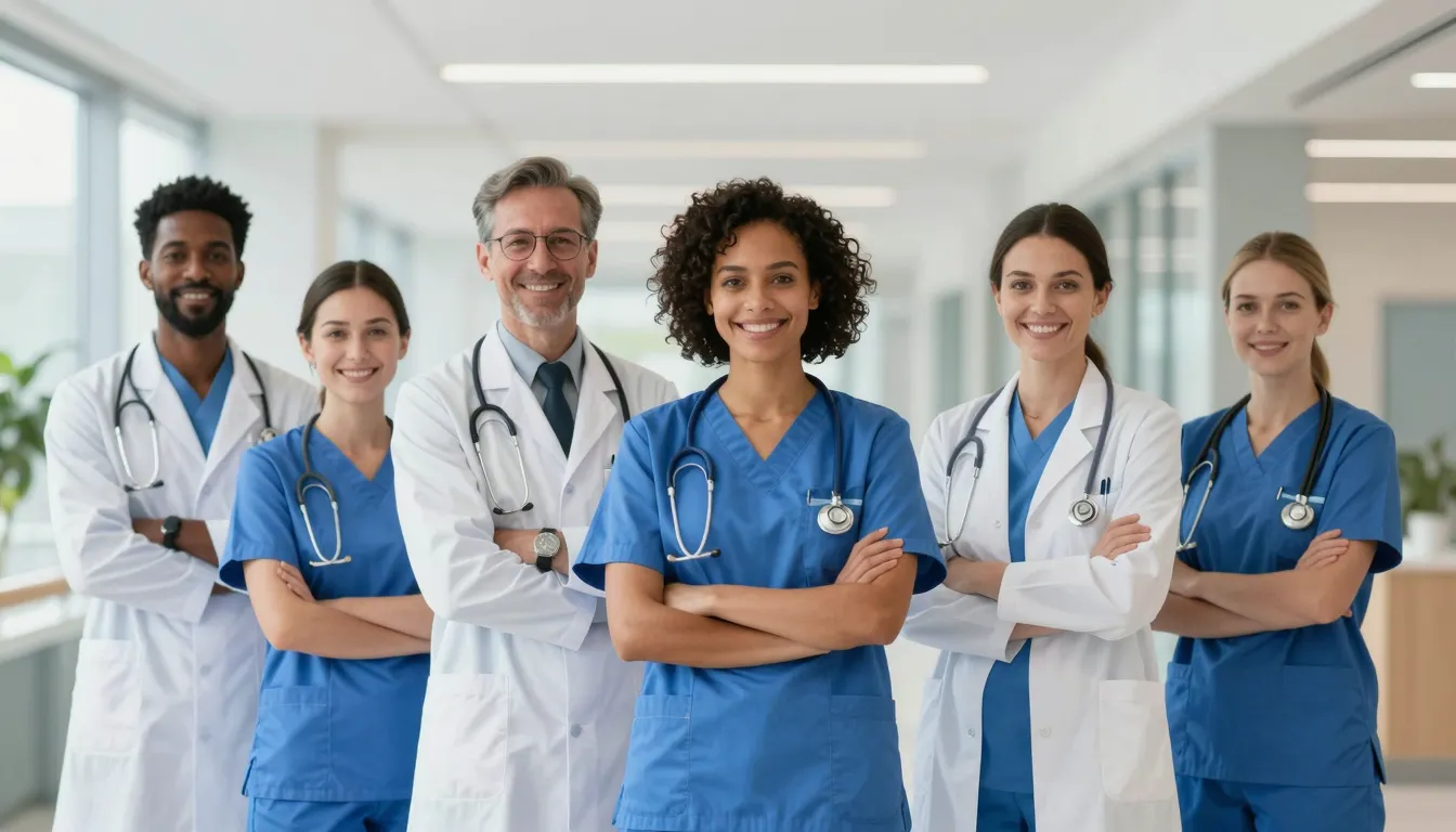 A group of diverse medical professionals in blue and white u...