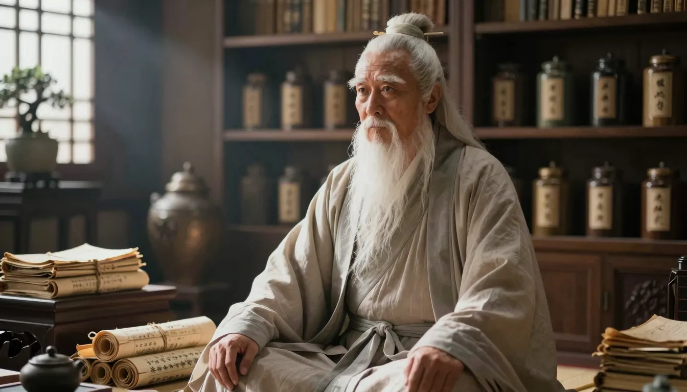 A mysterious ancient sage with a long white beard, wearing t...