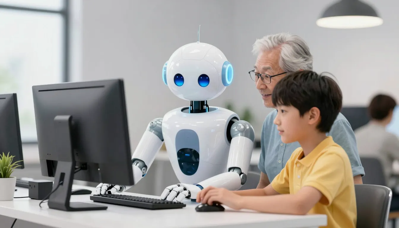 A friendly robot helping an elderly person and a young stude...
