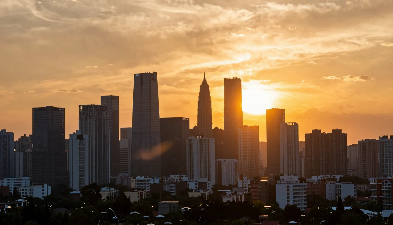 A beautiful summer sunset over a city, golden hour light, wa...