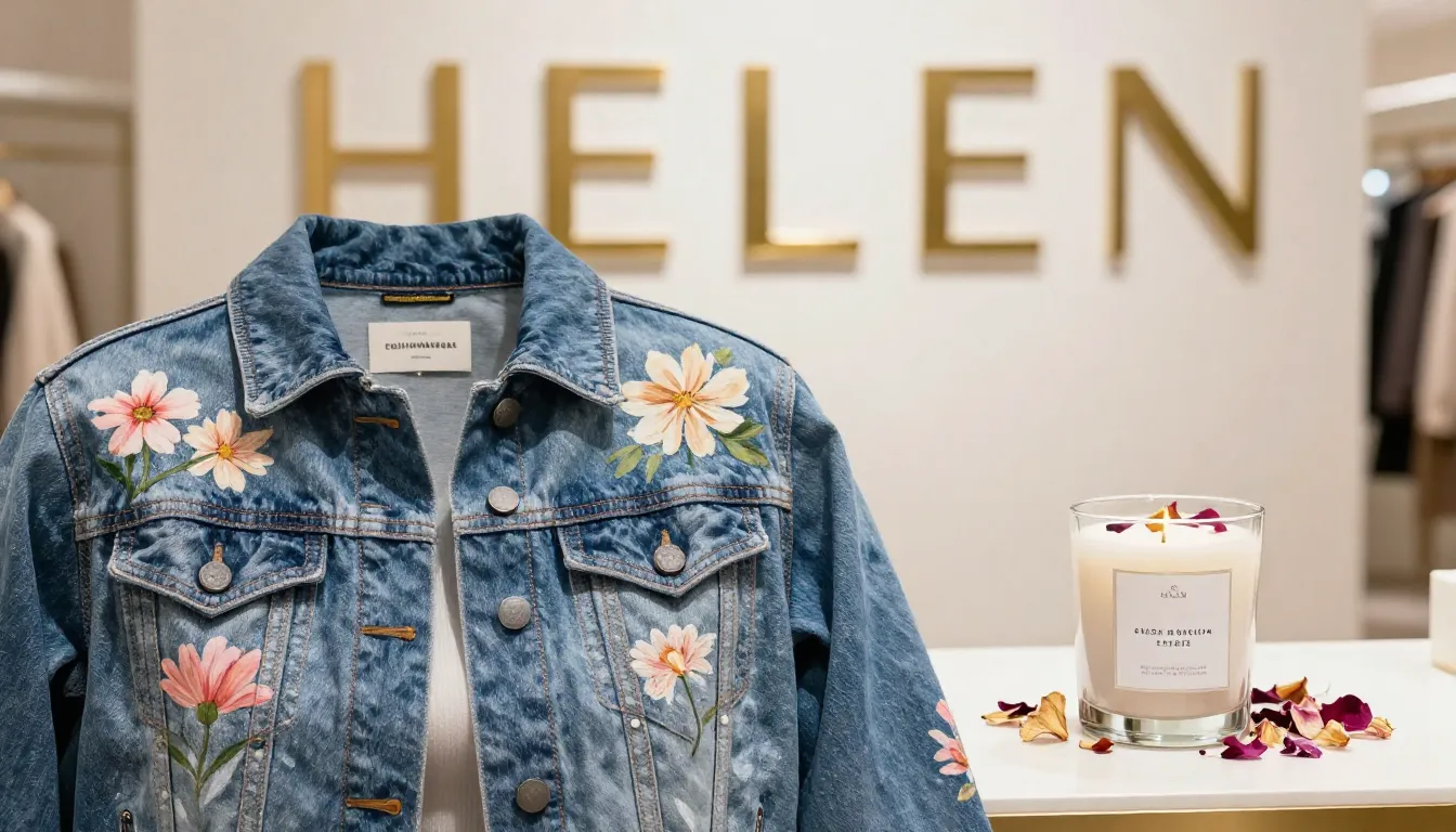 A beautiful aesthetic display of a hand-painted floral denim...