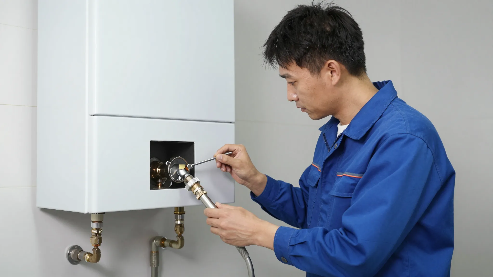 Professional gas technician in uniform repairing a modern bo...