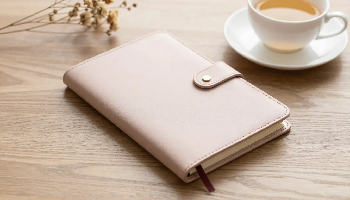 A beautiful aesthetic notebook with a soft leather cover, ly...