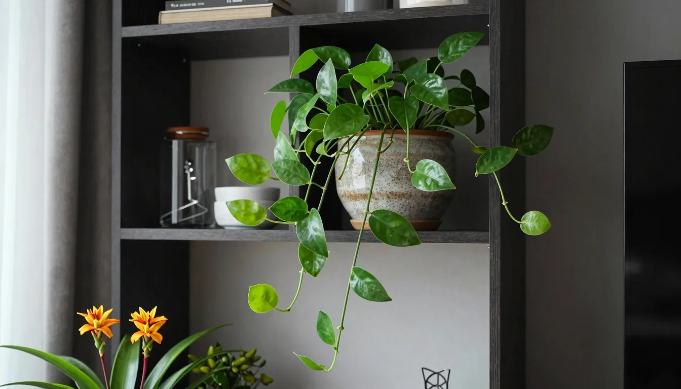 A stylish modern living room interior with a lush Hoya carno...