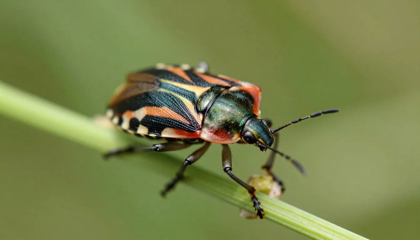 Close-up shot of a striped shield bug (Graphosoma lineatum) ...