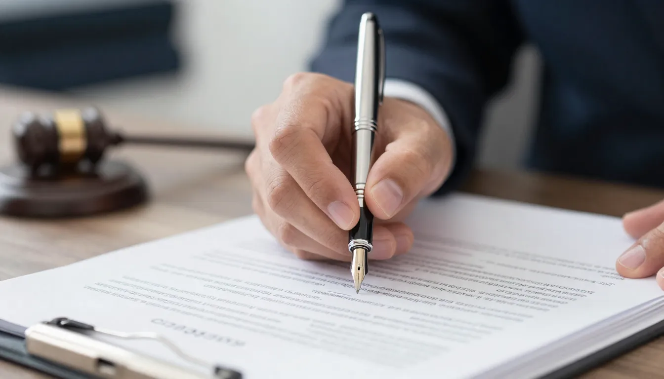 Close-up of a hand signing a legal contract with a fountain ...