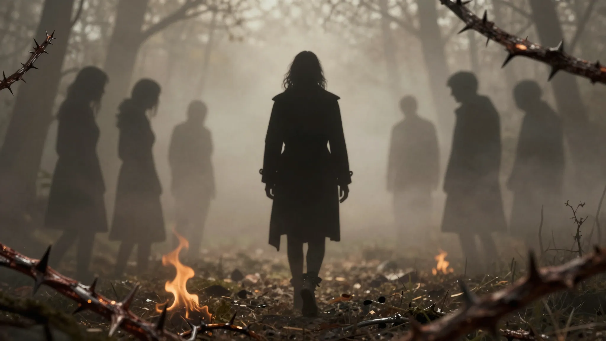 Dark folk art style, a silhouette of a person walking away f...