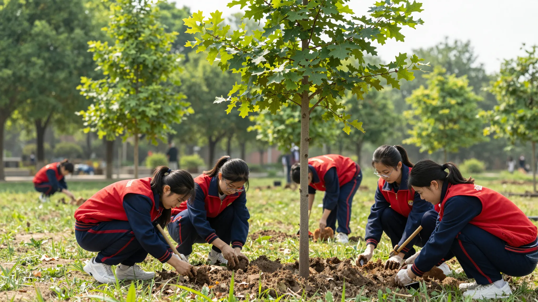 A group of young people in red and blue uniforms planting a ...