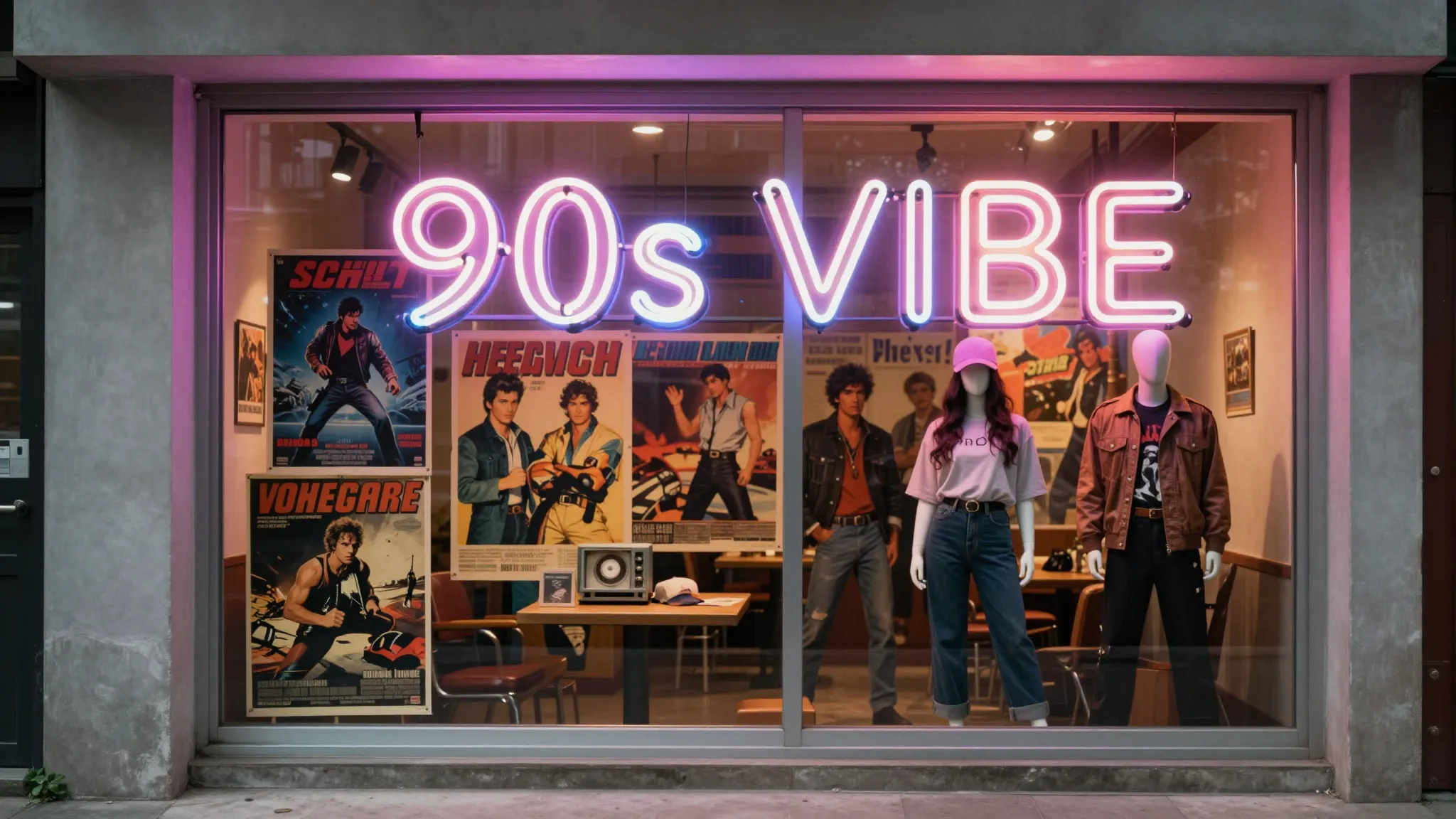 A retro-style storefront with a glowing neon sign that says ...
