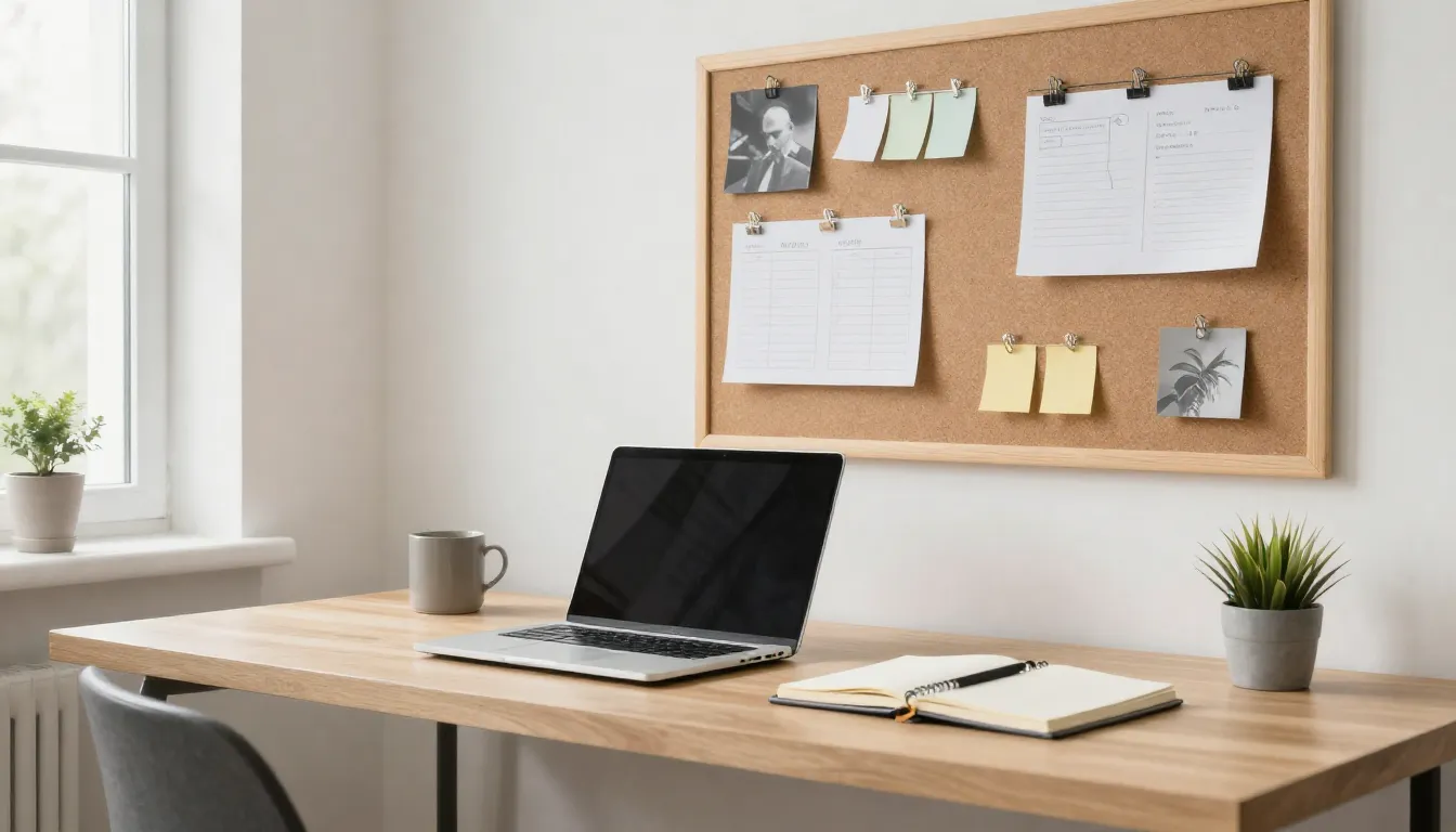 A bright and modern home office with a laptop, a notebook, a...