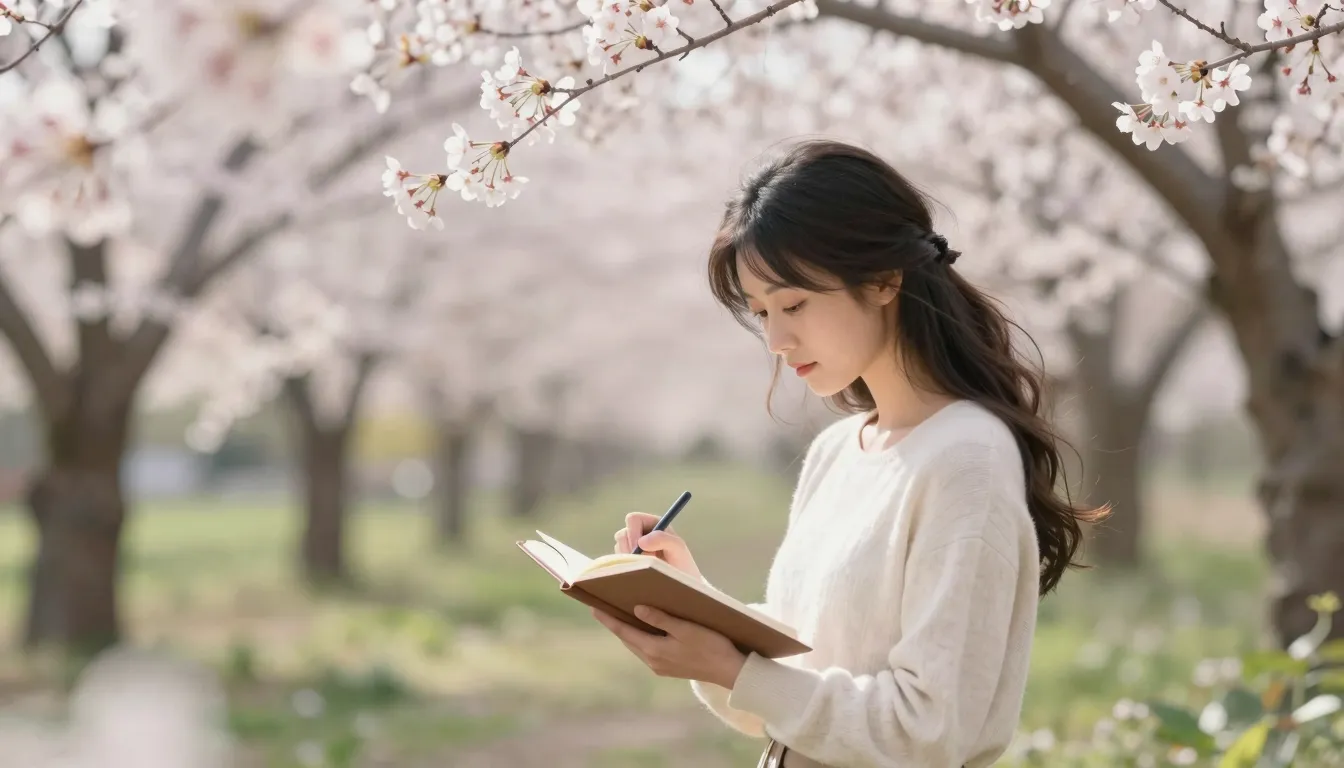 A poetic illustration of a woman writing in a journal in a b...