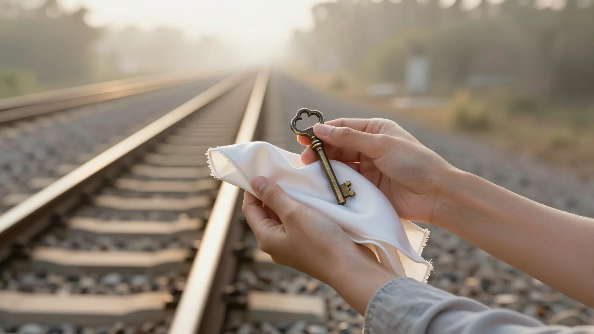 A close-up of a woman's hands holding a vintage key and a de...
