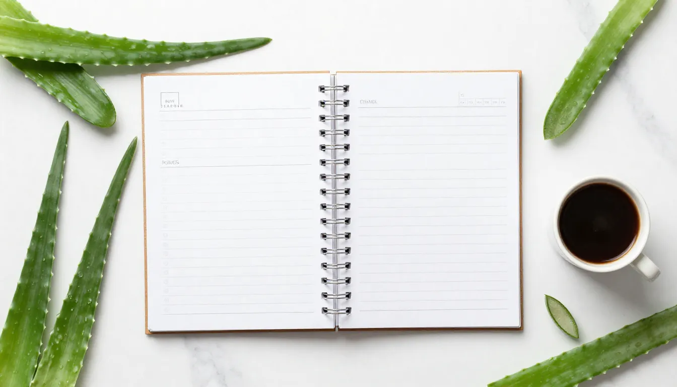 Flat lay of premium health and beauty products, green aloe v...