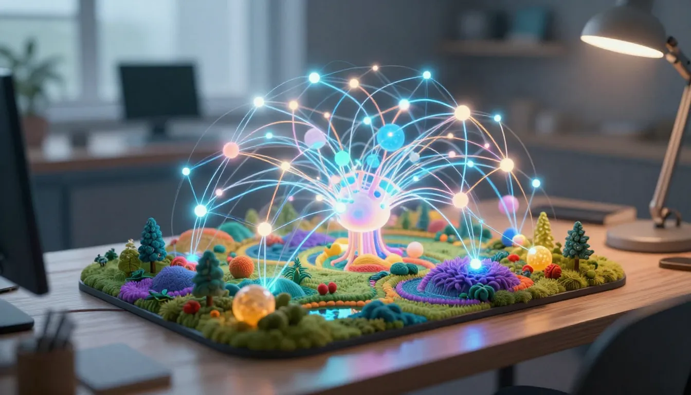 A high-quality, detailed digital art of a creative AI worksp...