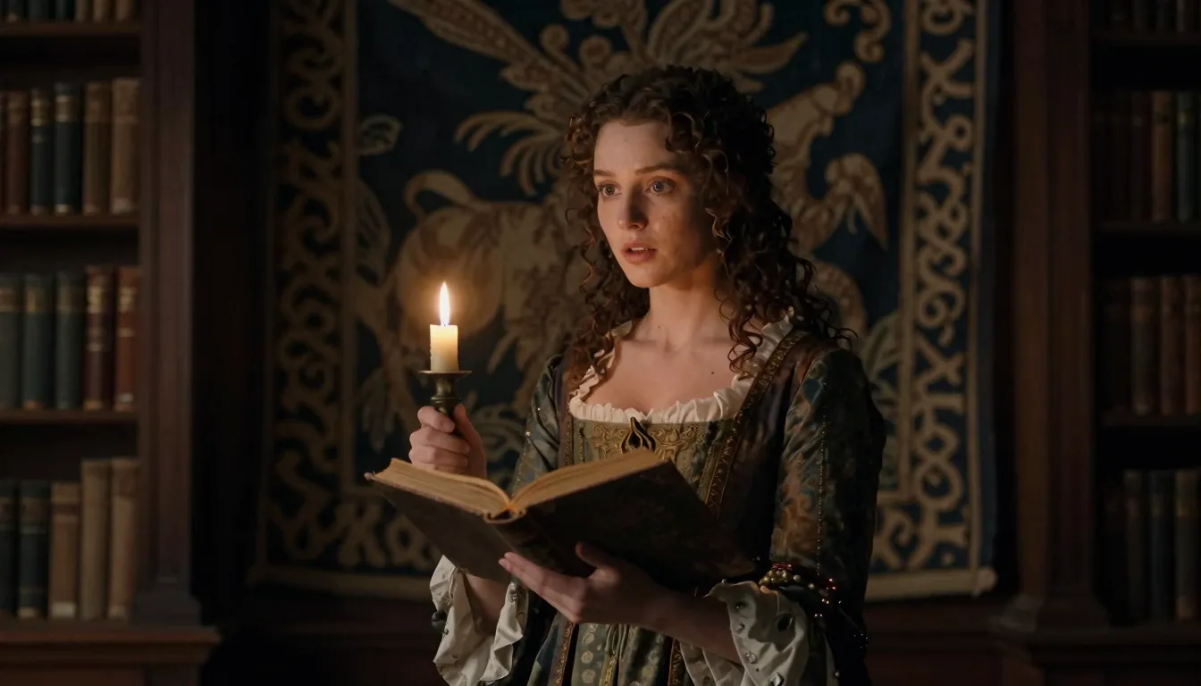 A young woman in a 17th-century French gown, standing in a d...