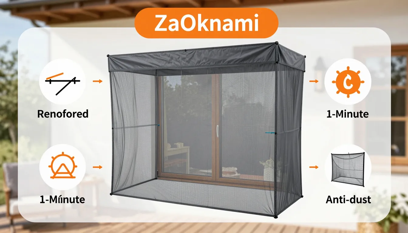 Stylish marketplace infographic for 'ZaOknami' mosquito nets...