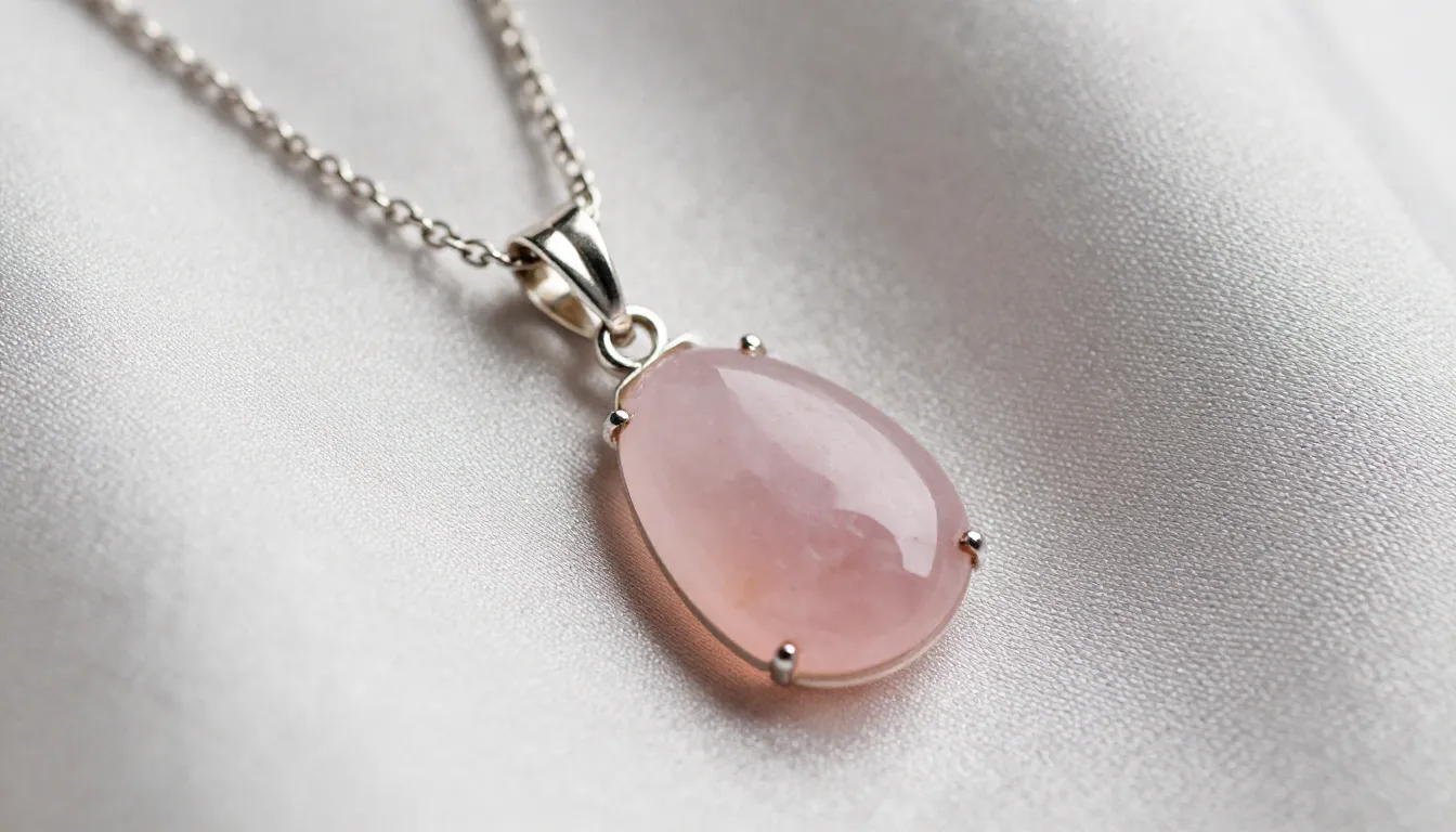 Elegant rose quartz pendant on a silver chain, lying on a si...
