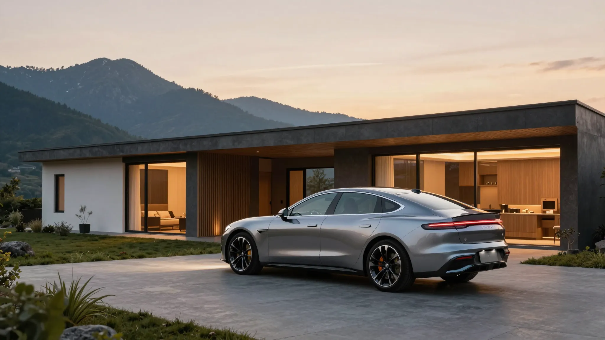 A luxury modern guest house with a sleek premium car parked ...