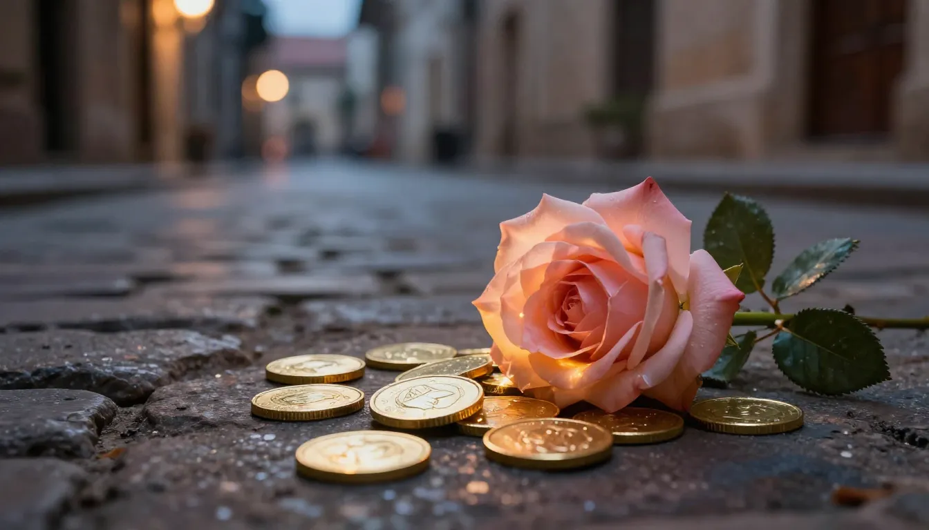 Close-up of a magical rose and gold coins lying on ancient c...