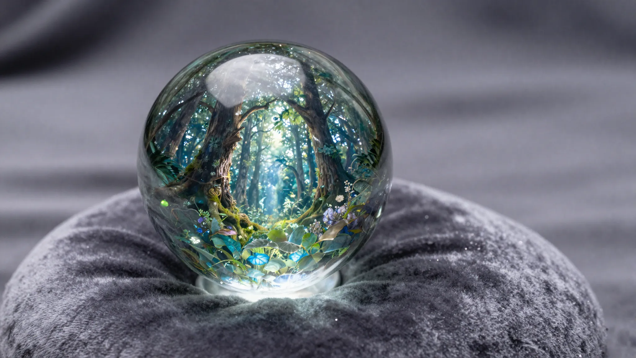 A magical crystal ball on a velvet cushion, glowing with inn...