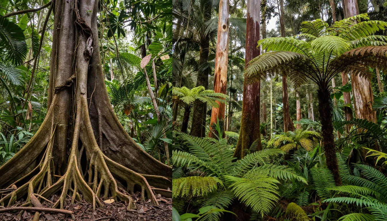 Split screen comparison: left side showing lush tropical Que...