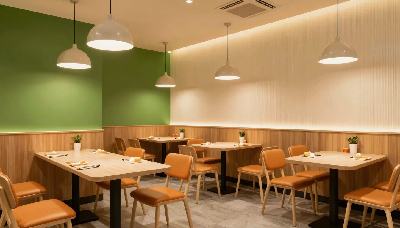 Modern fast food restaurant interior with warm lighting, gre...