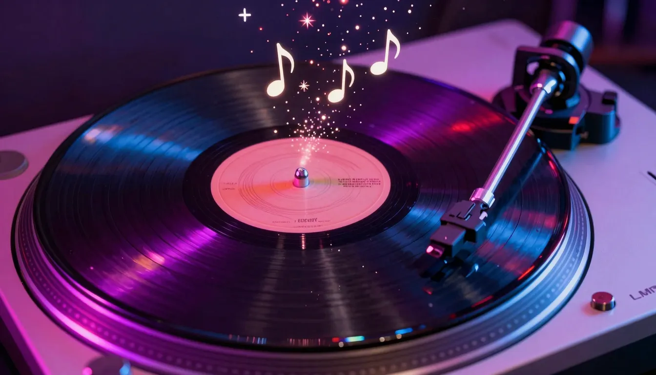 Close up of a vintage vinyl record spinning on a turntable, ...