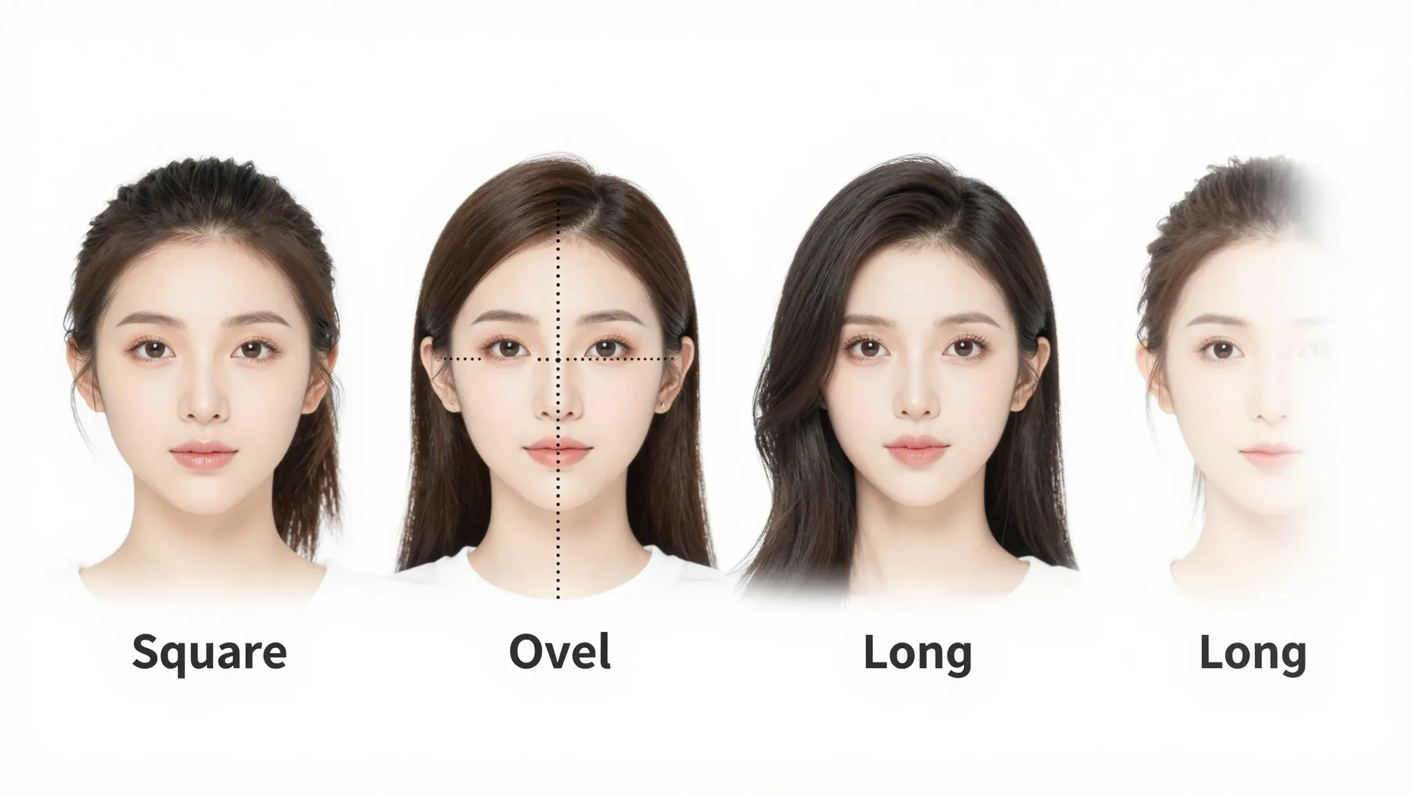 Infographic showing four female face shapes: round, square, ...