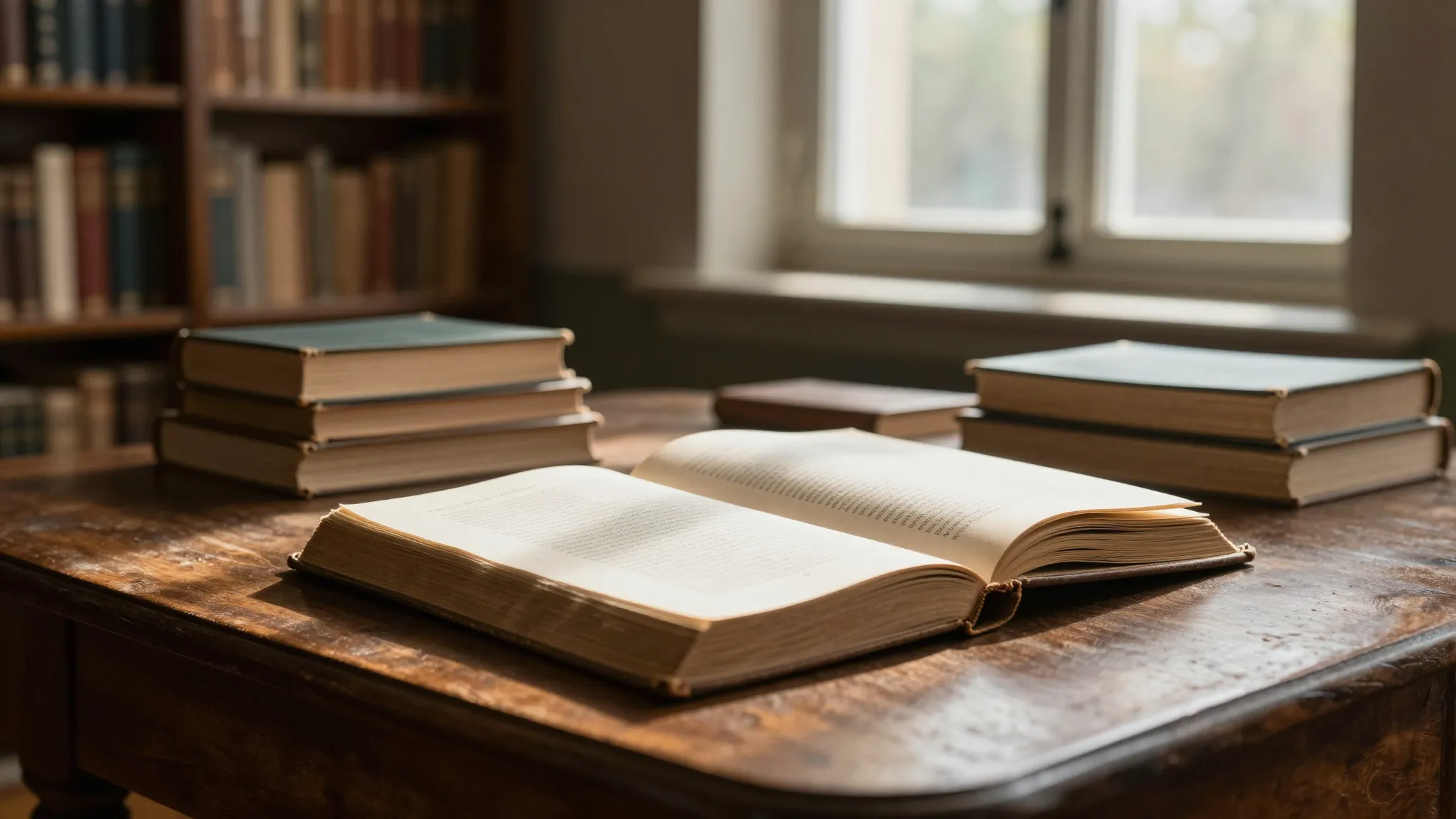 A cozy vintage library with an open book on a wooden table, ...