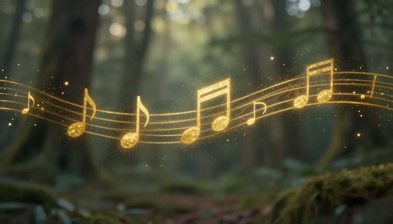 Ethereal musical atmosphere, golden particles forming musica...