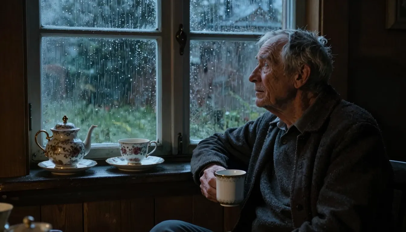 A cinematic, melancholic shot of an elderly man sitting by a...