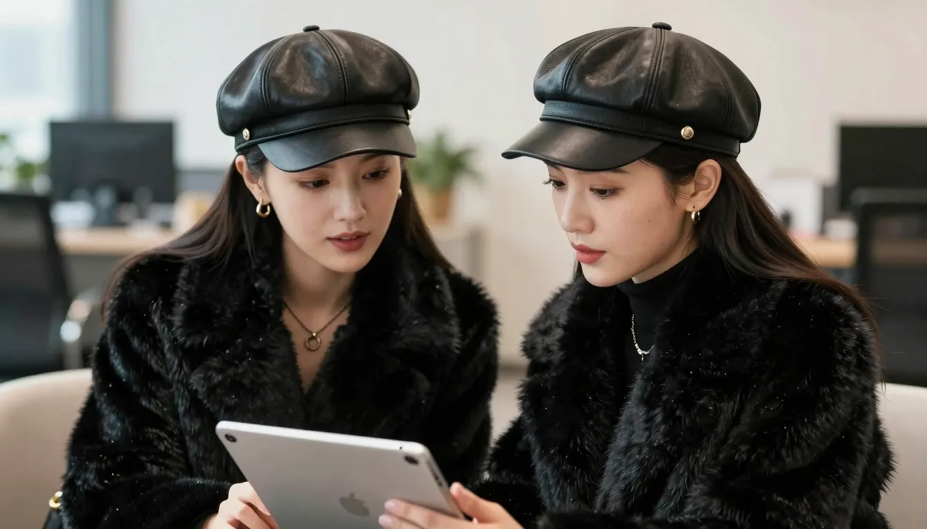Close-up of two beautiful Chinese women in black fur coats a...