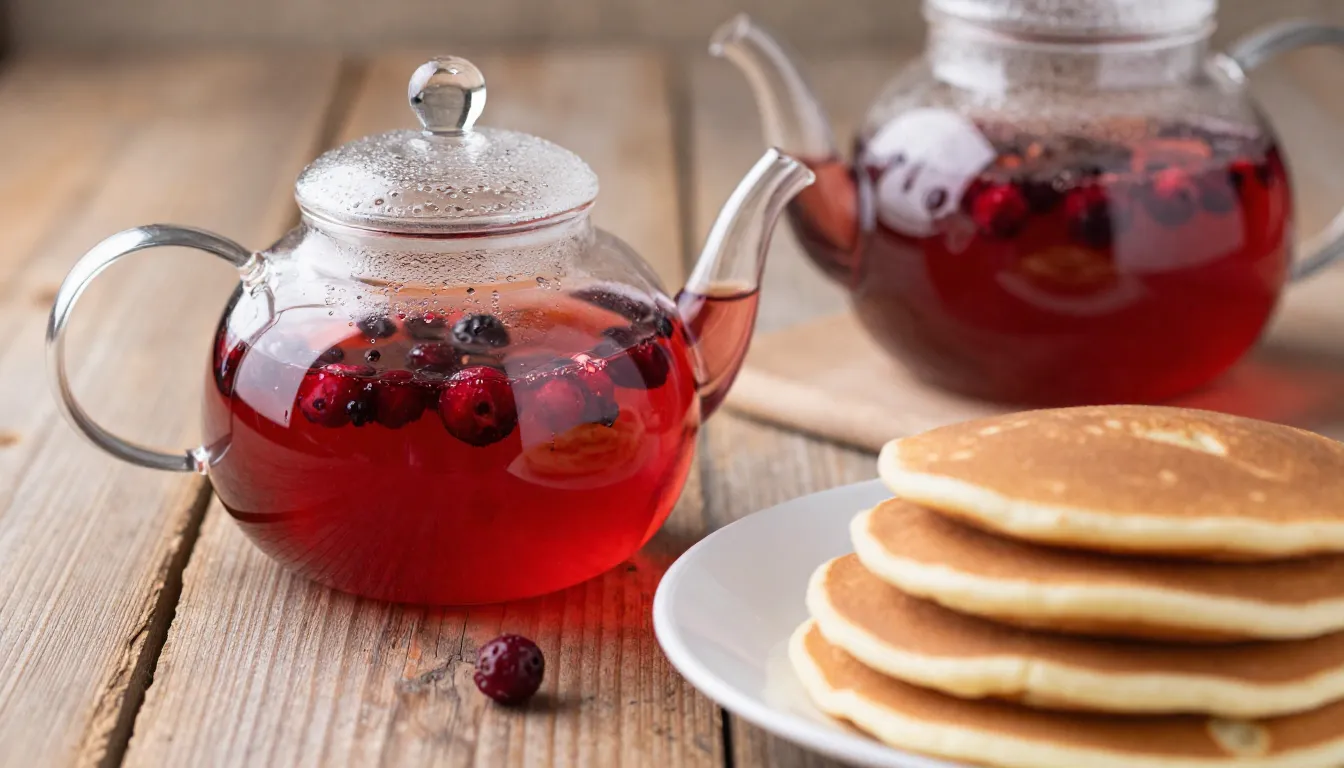 A beautiful close-up of a glass teapot with bright red berry...