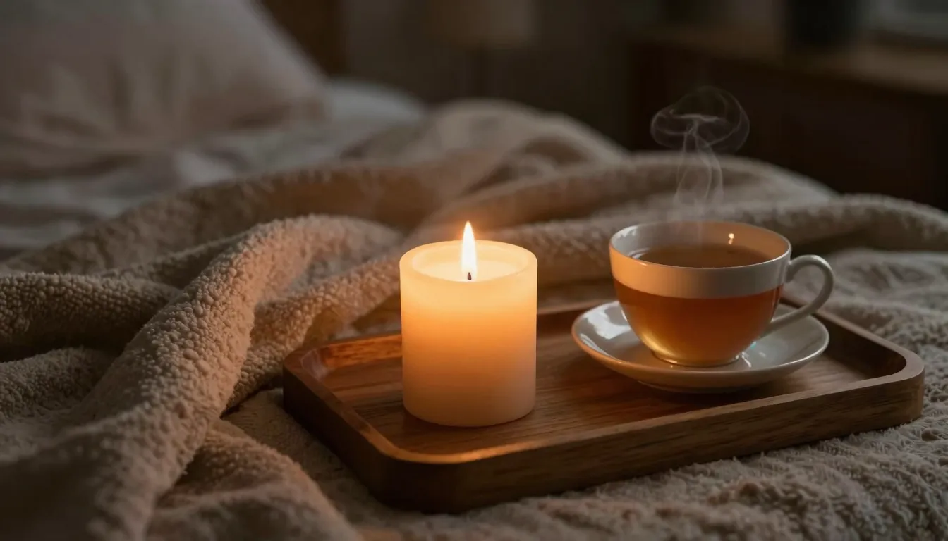A cozy interior with a lit candle on a wooden tray, a cup of...