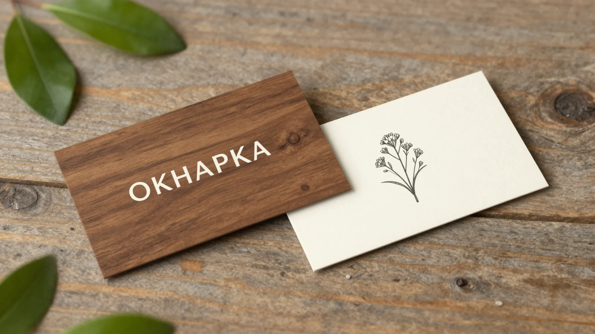 Business card mockup for 'OKHAPKA'. One side is a warm dark ...