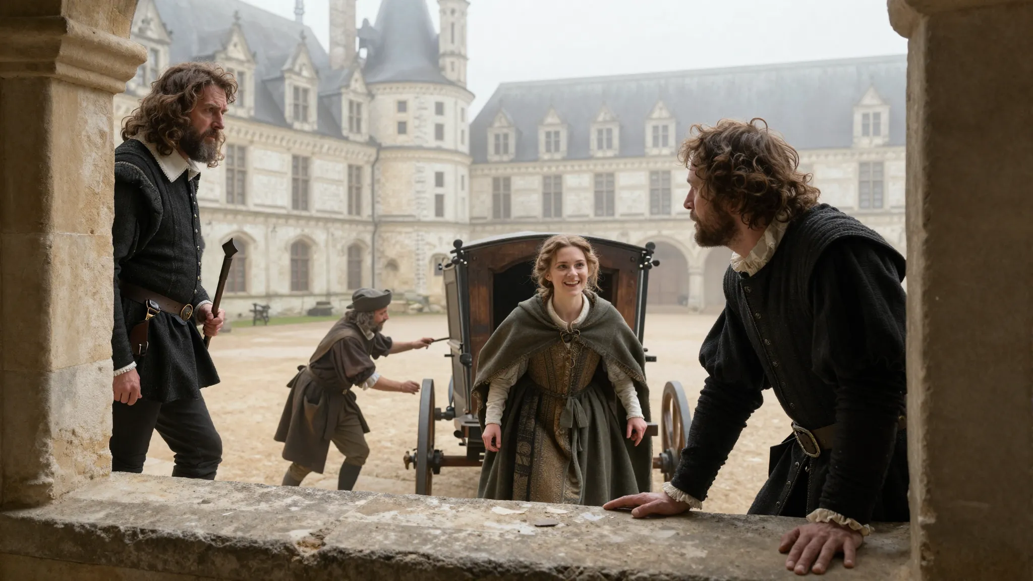 16th century French castle courtyard, a grumpy nobleman watc...