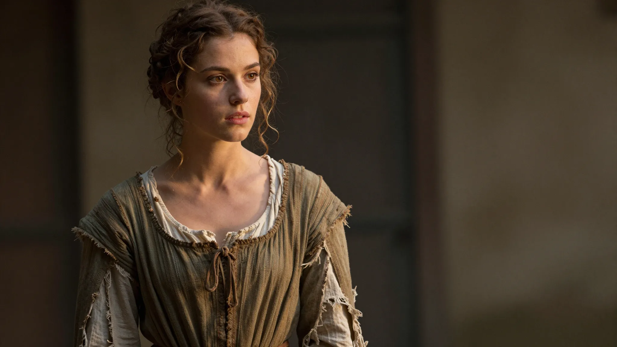 Beautiful peasant girl in 1500s France, tattered dress, cine...