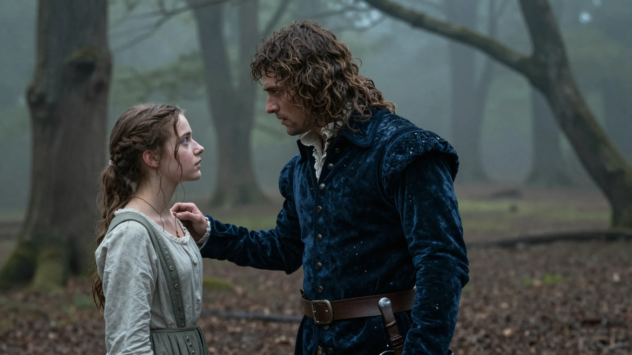 A dramatic scene in a misty 16th-century French forest. A be...