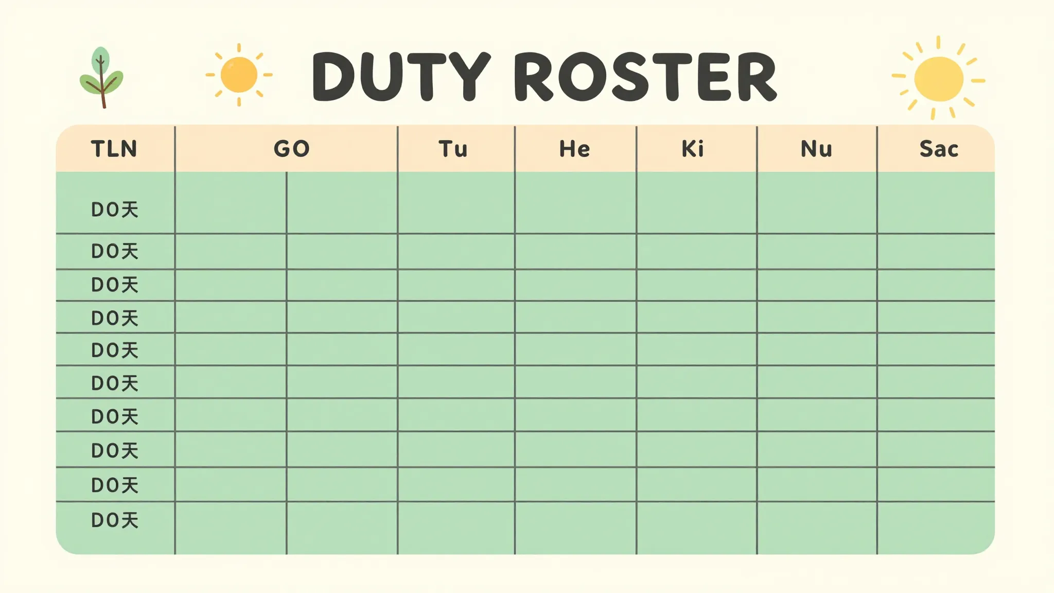 A4 vertical school duty chart template, portrait orientation...