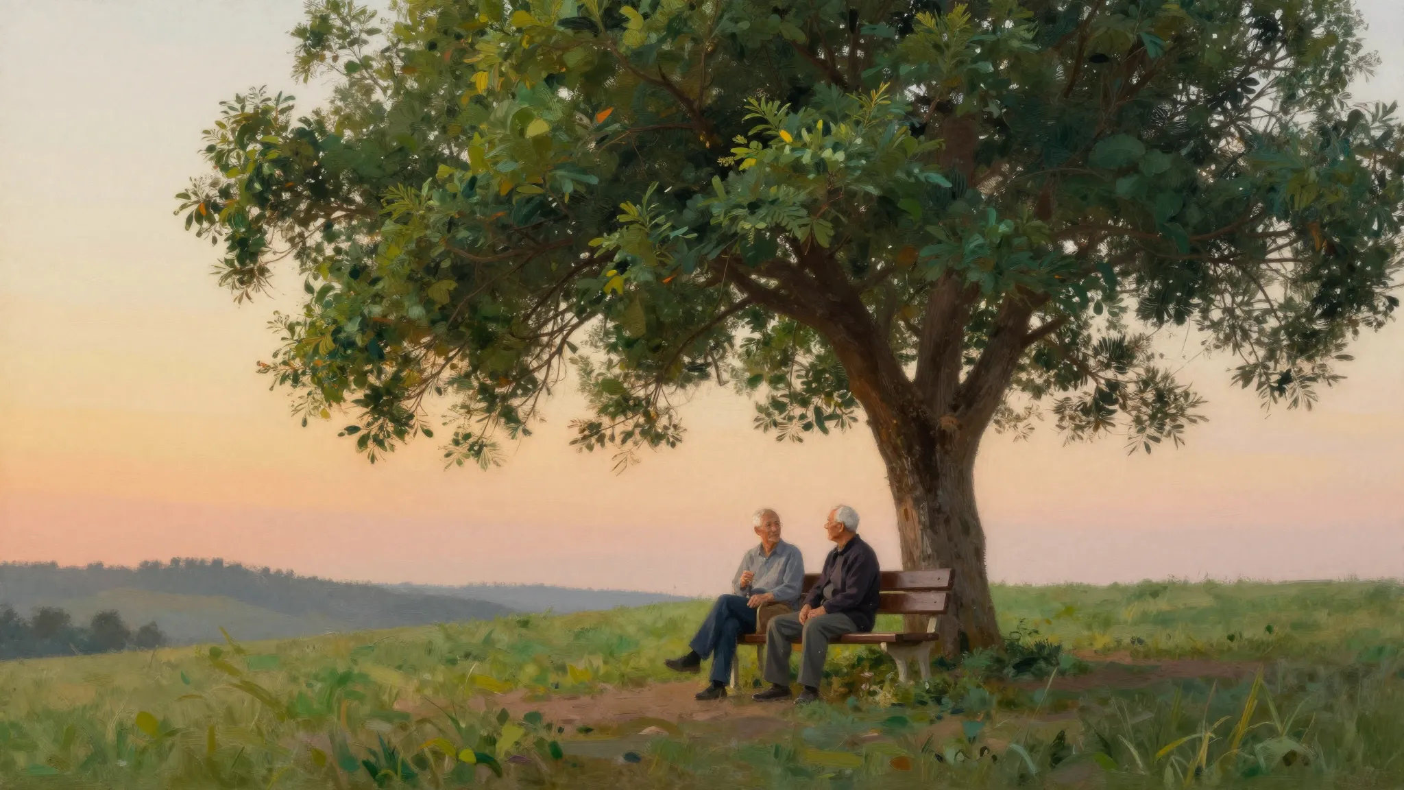 A peaceful landscape with a large green tree on a hill, two ...