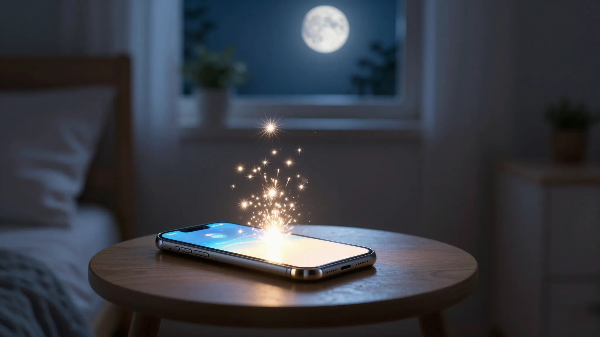 A cozy room at night, a glowing smartphone screen on a bedsi...
