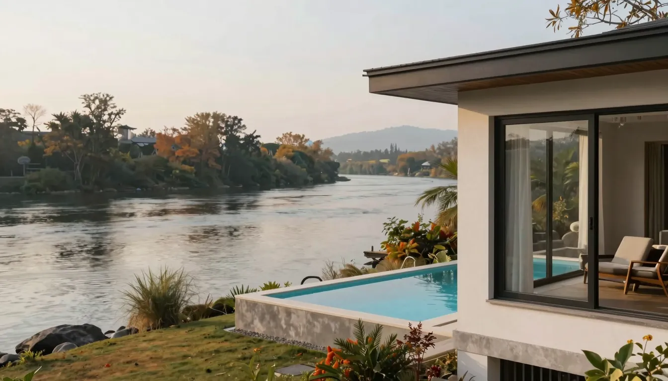 A serene landscape with a modern house by the river, a calm ...
