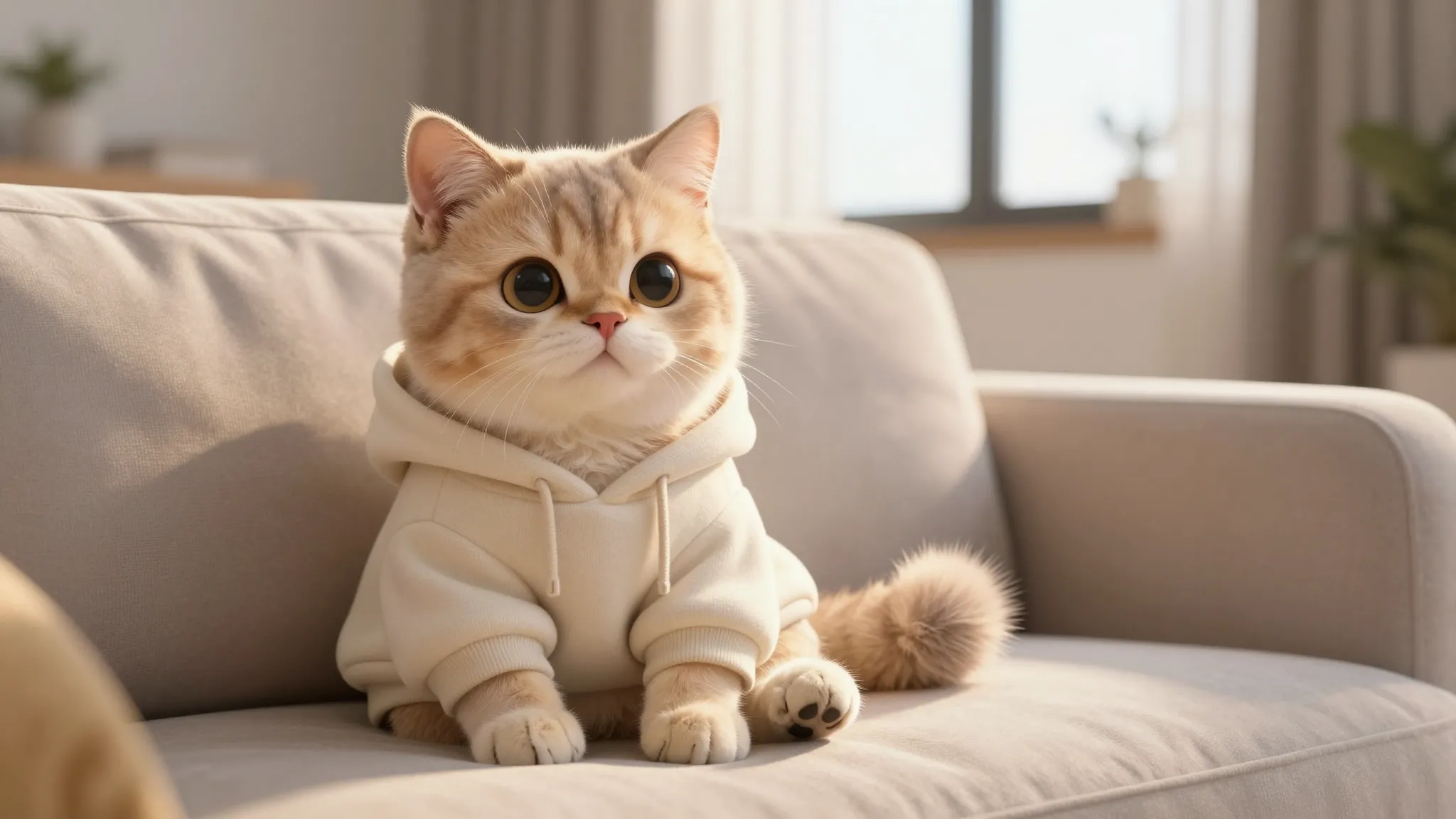 A cute anthropomorphic furry cat character sitting comfortab...