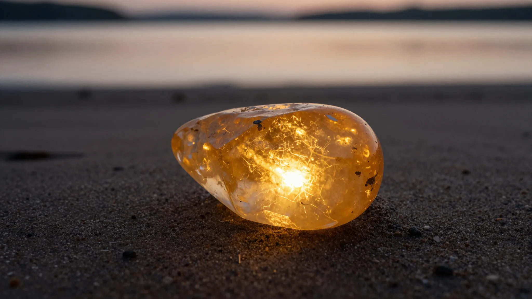 A close-up of a warm, glowing amber stone shaped like a drop...