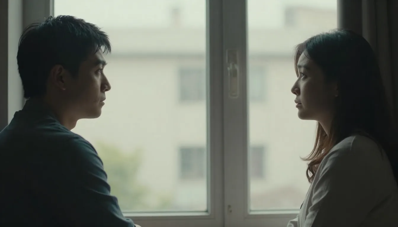 Split screen cinematography, left side a man looking out of ...