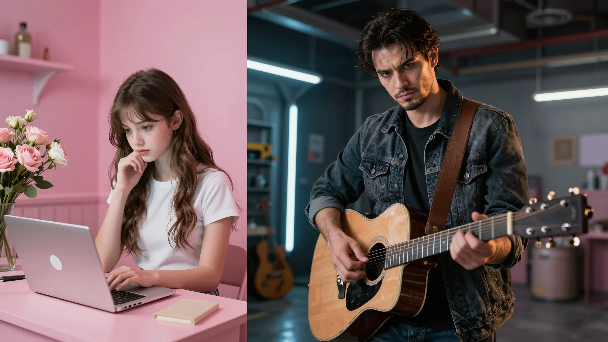 A split screen image: one side shows a delicate girl in a pi...