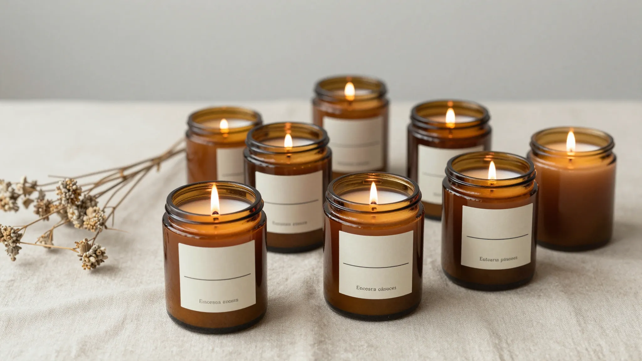 A set of handmade scented candles in amber glass jars with m...