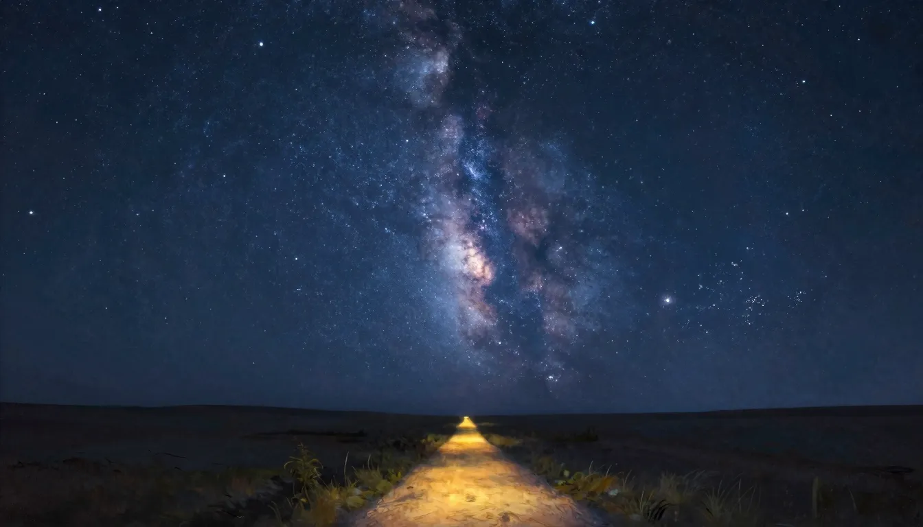 A vast starry sky over a quiet landscape, a glowing path lea...
